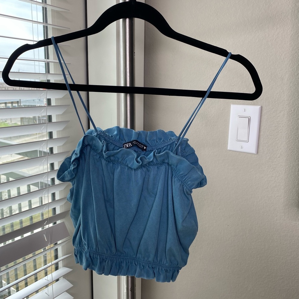 Zara blue ruffle spaghetti strap crop top